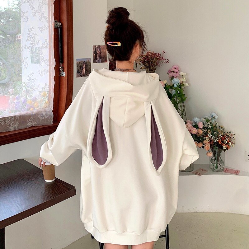 Rabbit Ear Hooded Sweatshirts Women Sweet Lovely Kawaii Girls Loose Kawaii Hoodies Korean Style Fashion Long Sleeve Outerwear