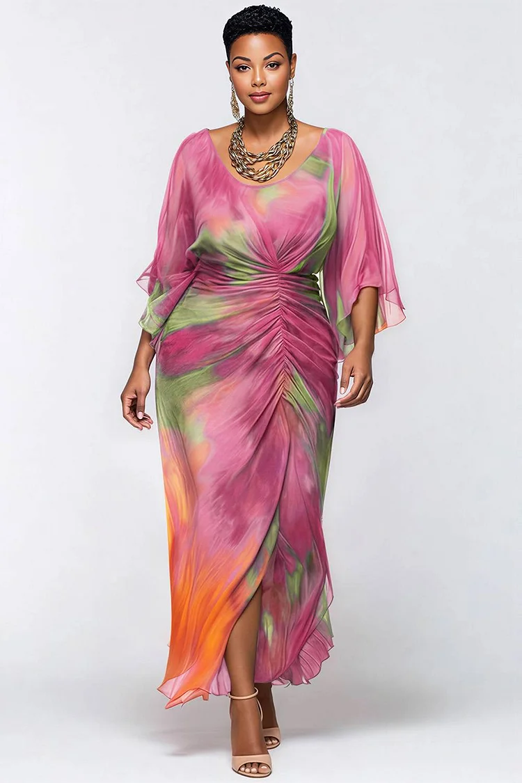 Xpluswear Design Plus Size Cocktail Party Purple Tie Dye Round Neck Flare 3/4 Sleeve Ruched Chiffon Maxi Dresses 2024 - Xpluswear