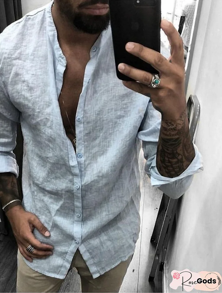 Men's Long Sleeve Shirts Button Down Mandarin Collar Casual Regular Fit Dress Shirts (XX-Large, A- Gray) Linen