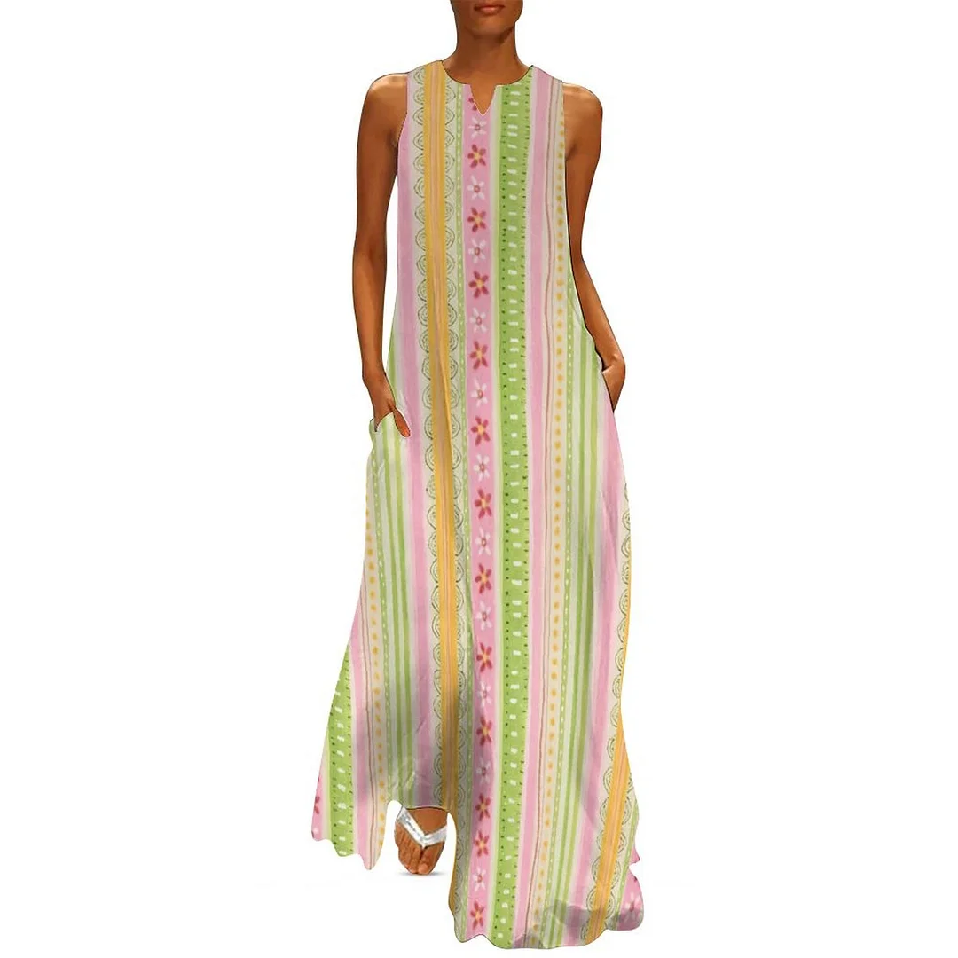 Style & Comfort for Mature Women Plus Size Printed Sleeveless Casual Women Maxi Dress with Pockets in Pattern Striped, Pink, Green