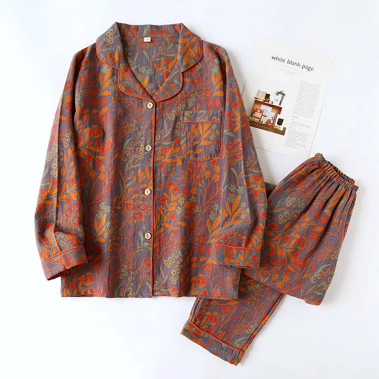 Vintage Leaf Cotton Lapel Loungewear Set Radinnoo.com