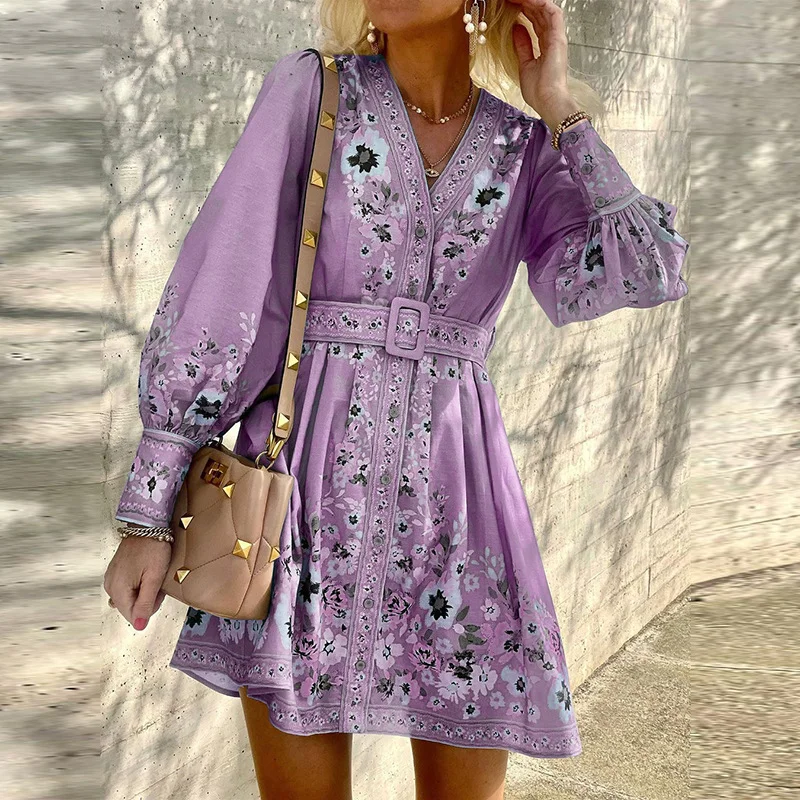 Plus Size Skater Floral V-Neckline Casual Tassel Plus Dress