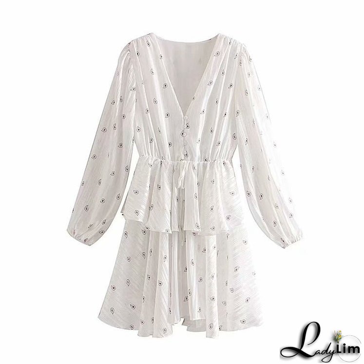 Sweet V-Neck Dress Multi-Layer Lace Detail