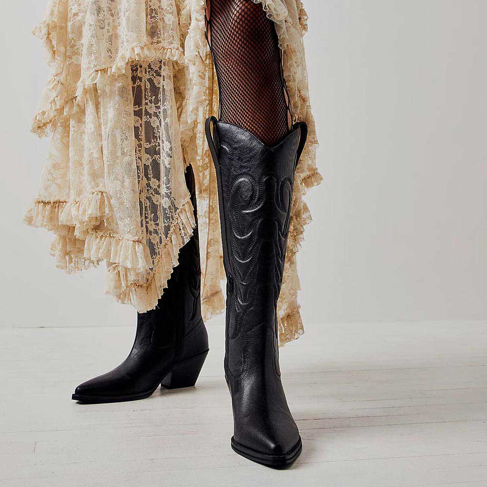 Black Pointed Toe Chunky Heel Embroidered Mid-Calf Cowboy Boots Nicepairs