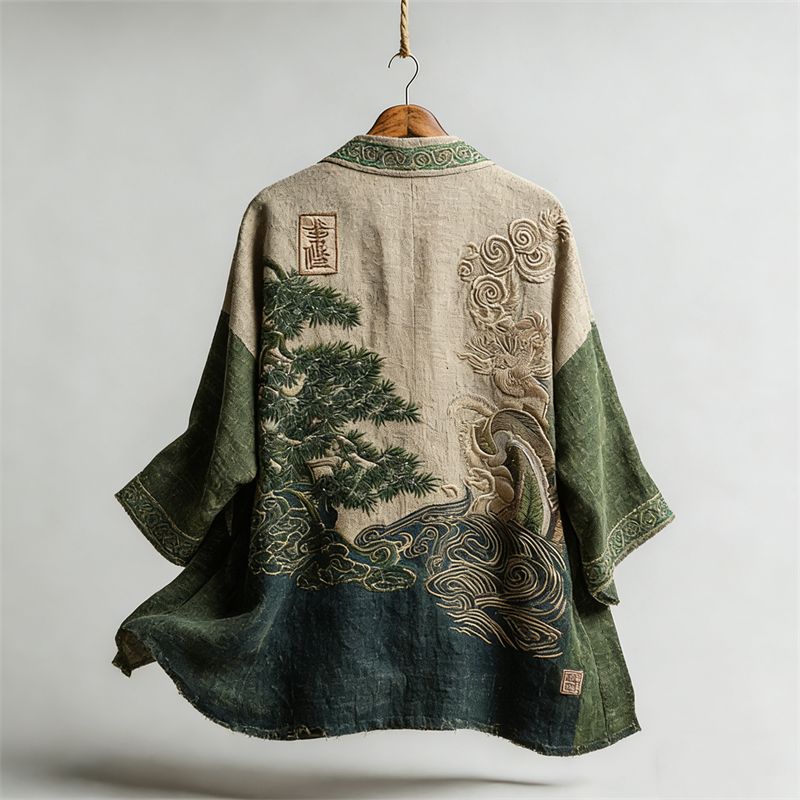 Japanese Pine Trees Sea Waves Contrast Linen Kimono  artssus