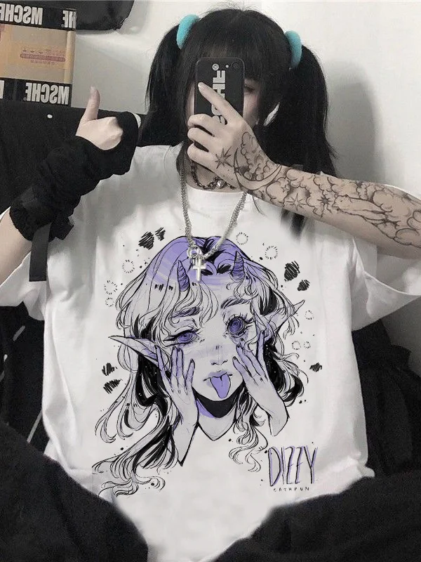 Harajuku Style Girl Printed Crew Collar T-shirt