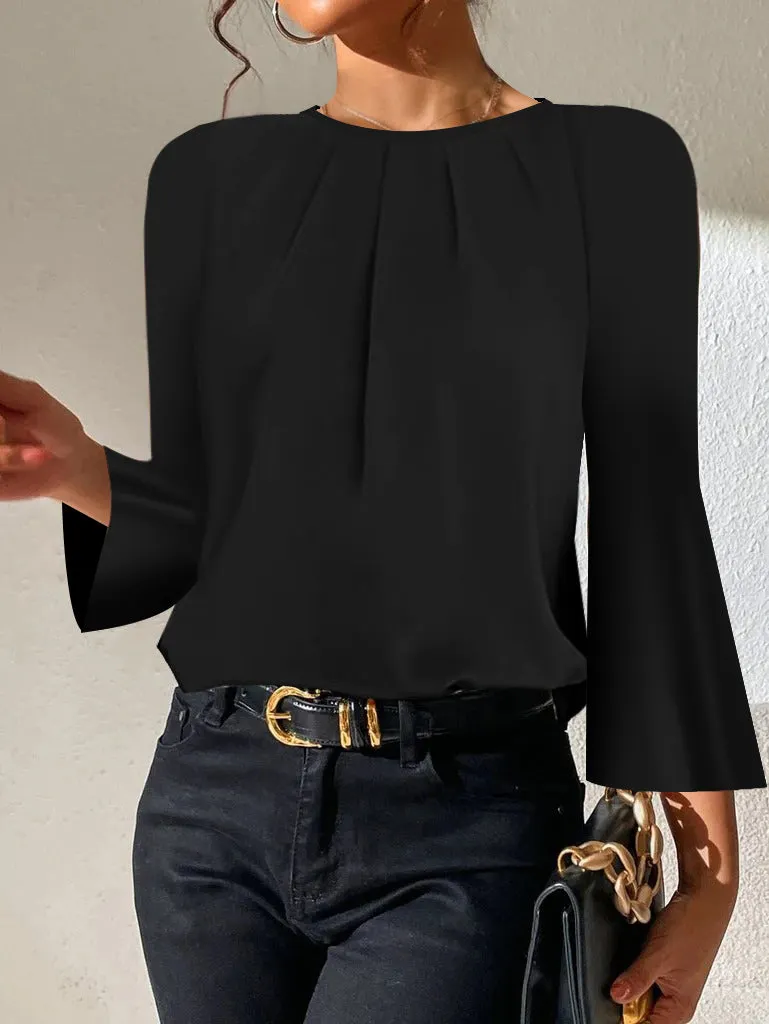 Elegant Round Neck Long Sleeve Plain Top