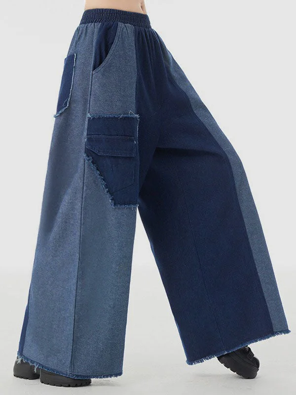 Street Blue Elasticity High Waisted Contrast Color Fringed Pants