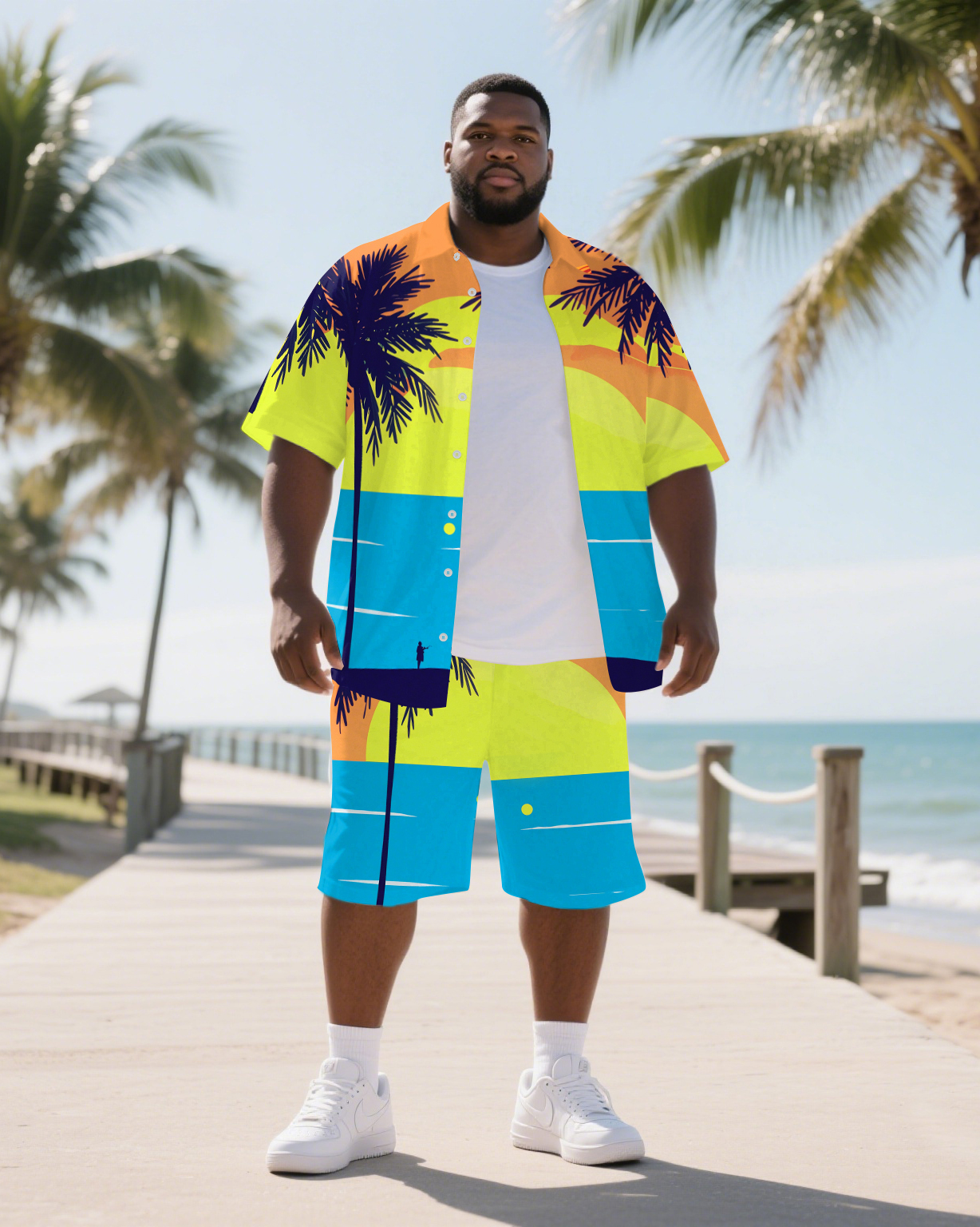 Big Men's Hawaii Theme Splicing Coconut Trees Comic Style Short Sleeve Shirt Shorts Suits