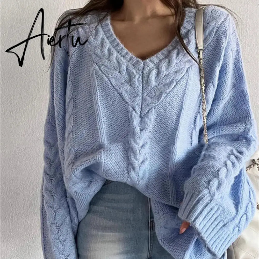 Black Friday Women's Oversized Cable Knit Sweater Long Sleeve V-Neck Pullover Jumper Fall Winter Knit Tops Light Blue Pink Korean Style Aiertu
