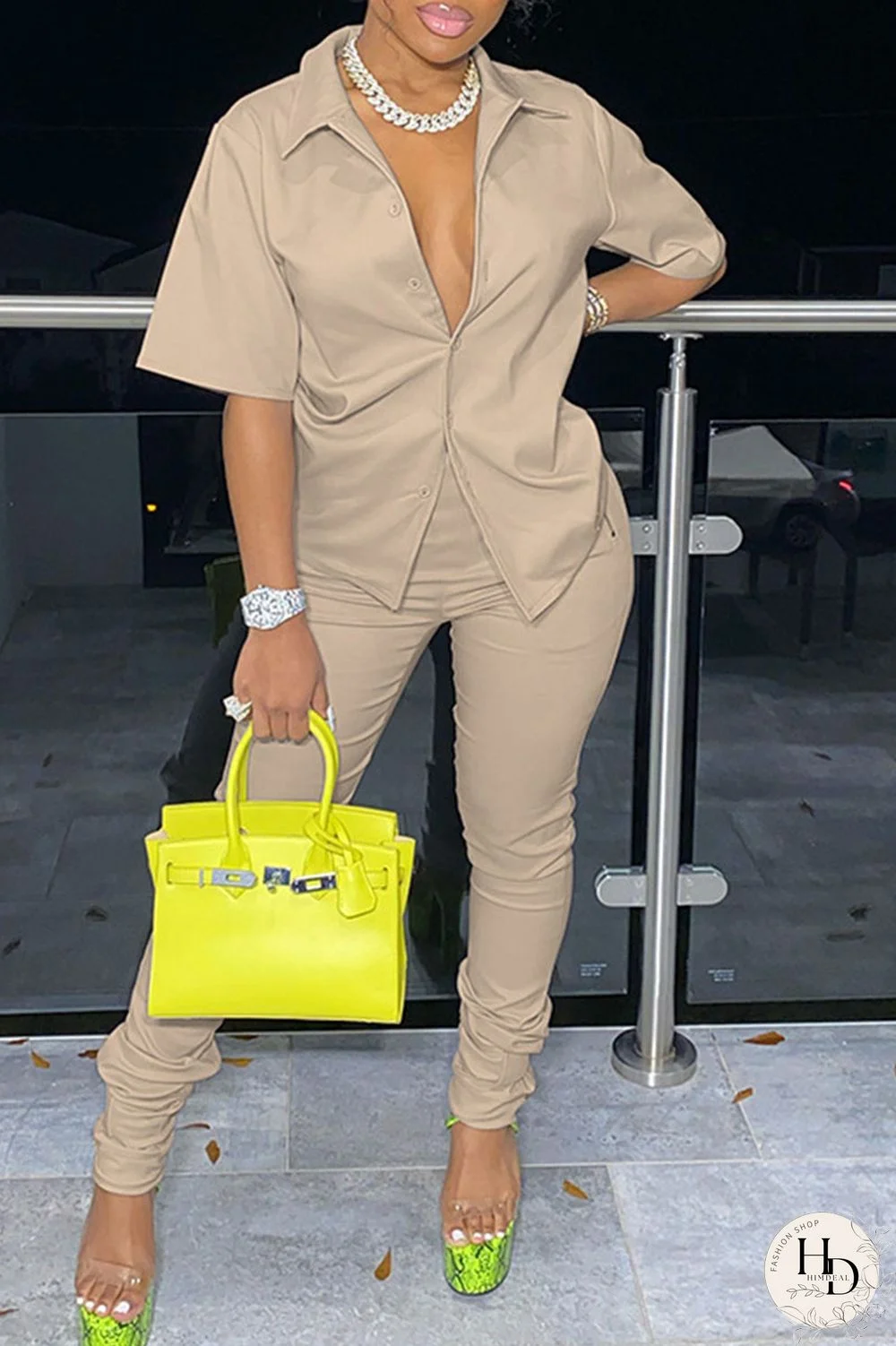 Black Casual Solid Split Joint Buckle Turndown Collar Short Sleeve Two Pieces