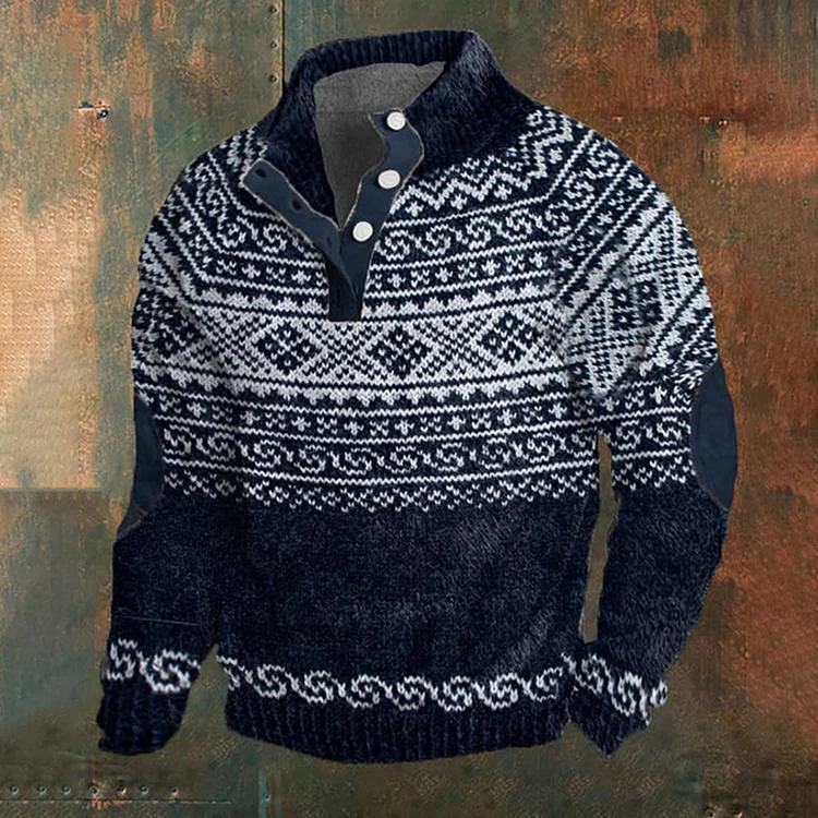 Men's Retro Ethnic Style Print Button Stand Collar Sweatshirt