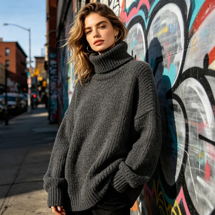 Charcoal Turtleneck Oversize Sweater