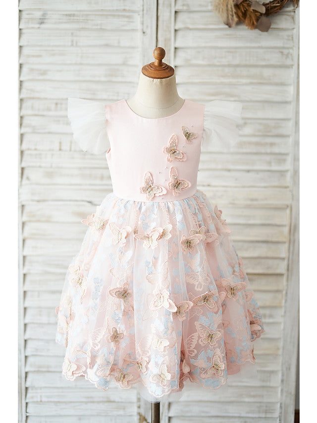 Oknass Ball Gown Cap Sleeve Jewel Neck Flower Girl Dress Tulle With Butterfly Design Bow