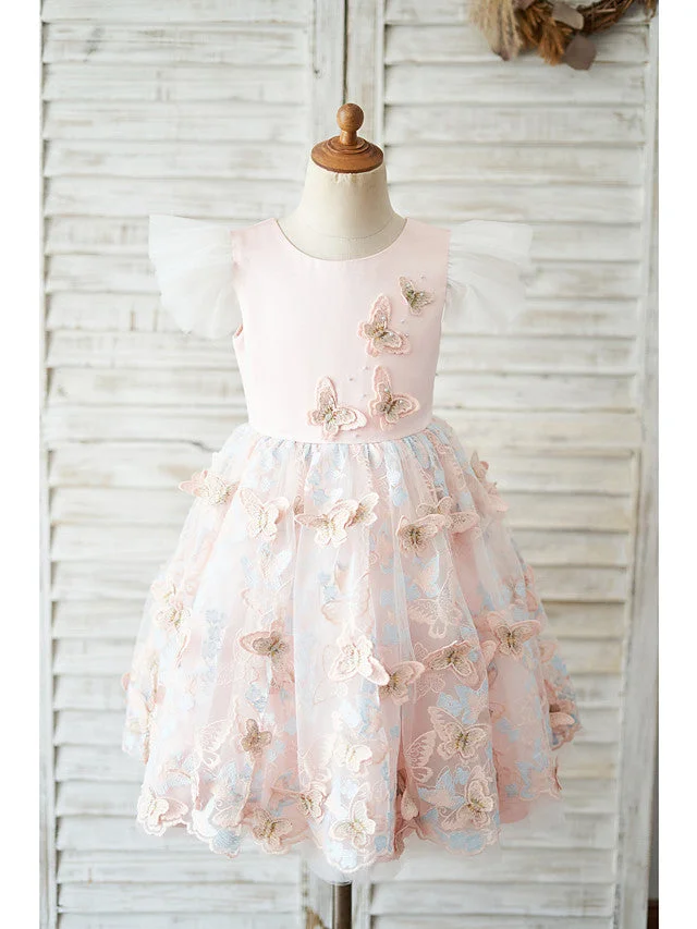 Daisda Ball Gown Cap Sleeve Jewel Neck Flower Girl Dress Tulle With Butterfly Design Bow