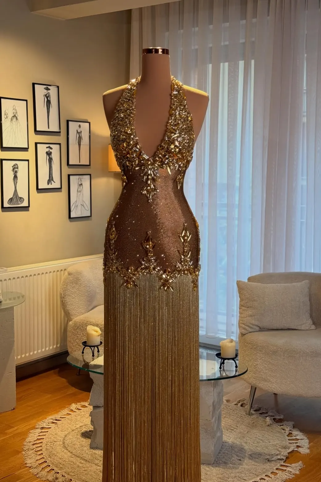 Lussooy Shining Halter Sleeveless Sheath Rhinestone Tassel Floor Length Prom Dress 