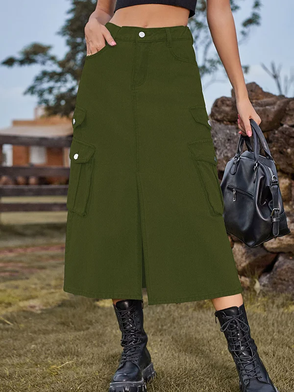 A-Line Loose Pockets Split-Front Split-Joint Denim Skirts