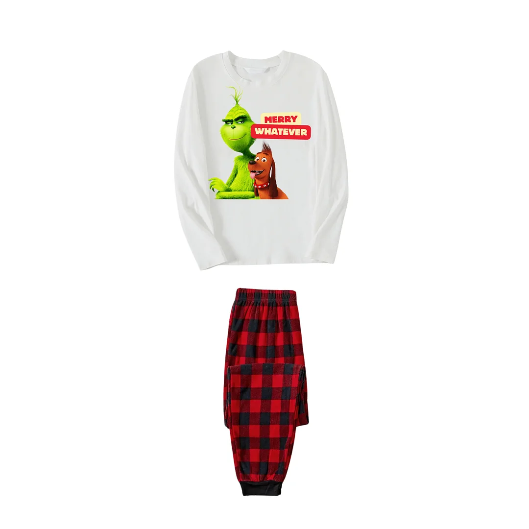Christmas Cartoon Pattern and "Merry Whatever" Printed Red & Black Plaid Family Matching Pajamas
