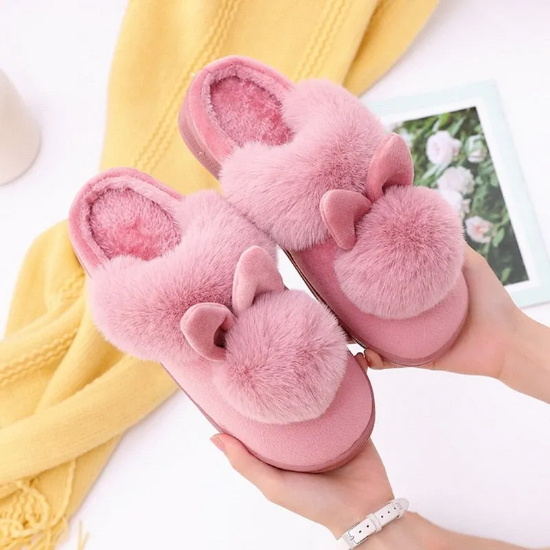 Women Shoes Rabbit Ear Floor Indoor Cotton Slippers Autumn Winter Warm Fur Slippers Women Non-Slip Platform Shoes Home Shoes