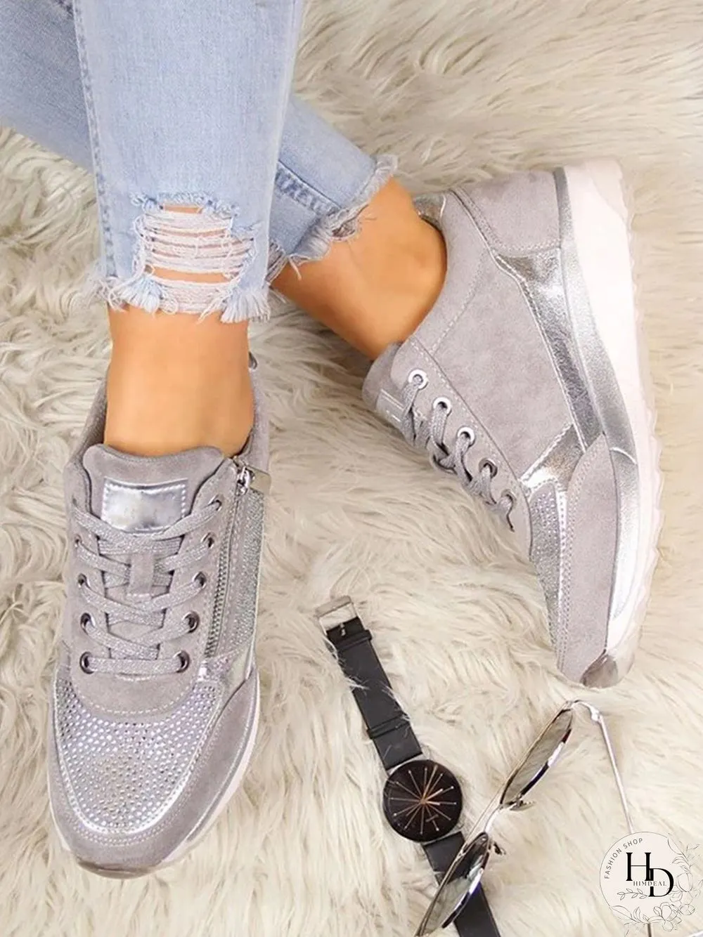 Diamond Panel Zip Lace-Up Casual Shock Absorbing Sneakers