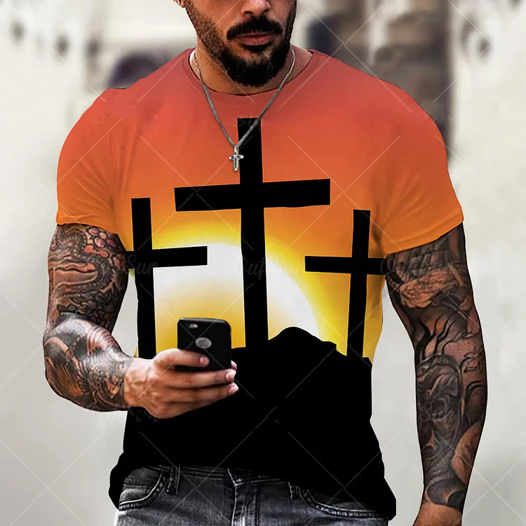 Jesus Cross Pattern Summer Short Sleeves Men's Casual T-shirts at Hiphopee