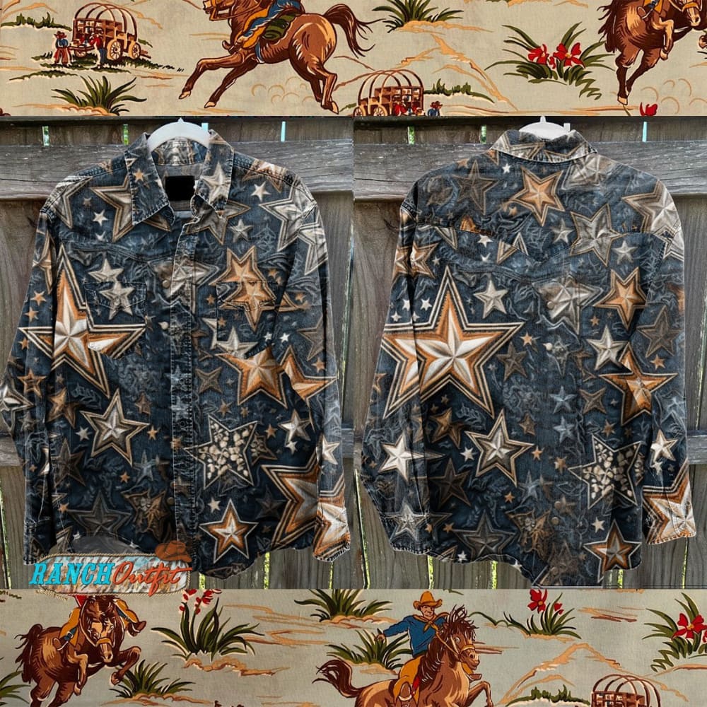 Star Denim Pattern Vintage Stripe Print Casual Shirt Color / S