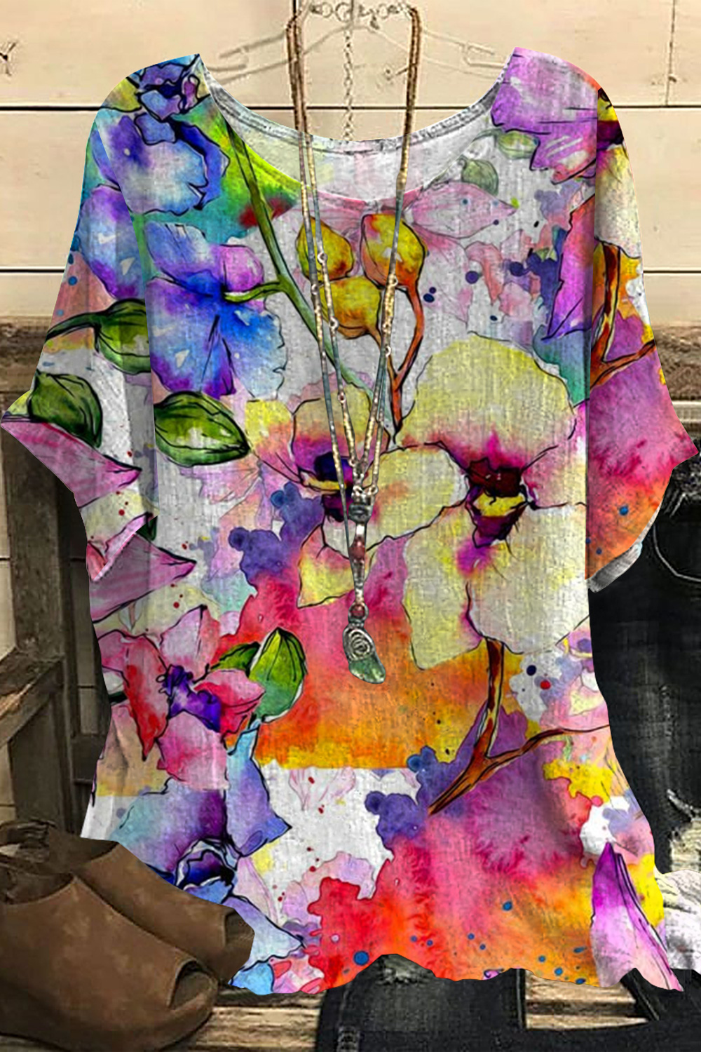 Flycurvy Plus Size Casual Colorful Tie Dye Floral Print Round Neck Linen Blouse 2024 - Flycurvy 