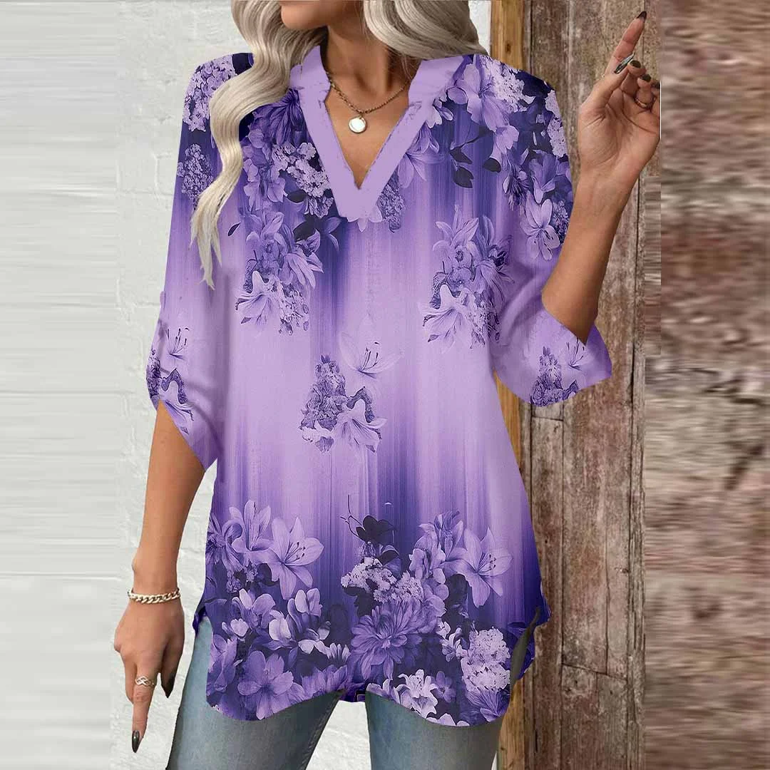 Women Floral,Purple,Black DZGA0634 3/4 Sleeve V-neck Printed Graphic Button Tops