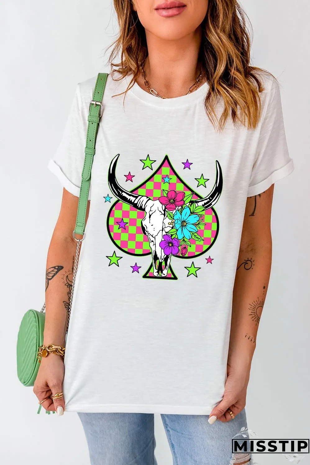 White Checkered Steer Head Spade Print Crew Neck T Shirt