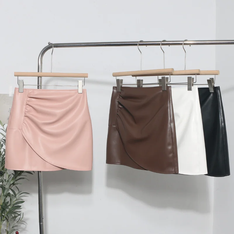 Uveng Real Shooting High-Waist Irregular Folded Cross A Word Pu Skin Small Man Short Skirt Women Autumn And Winter Bag Hip Skirt 1833