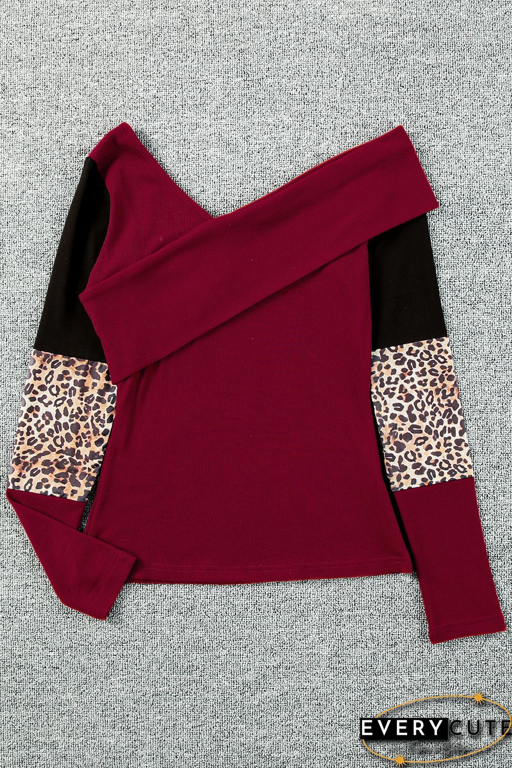 Red Leopard Color Block Ribbed Cross Wrap Top