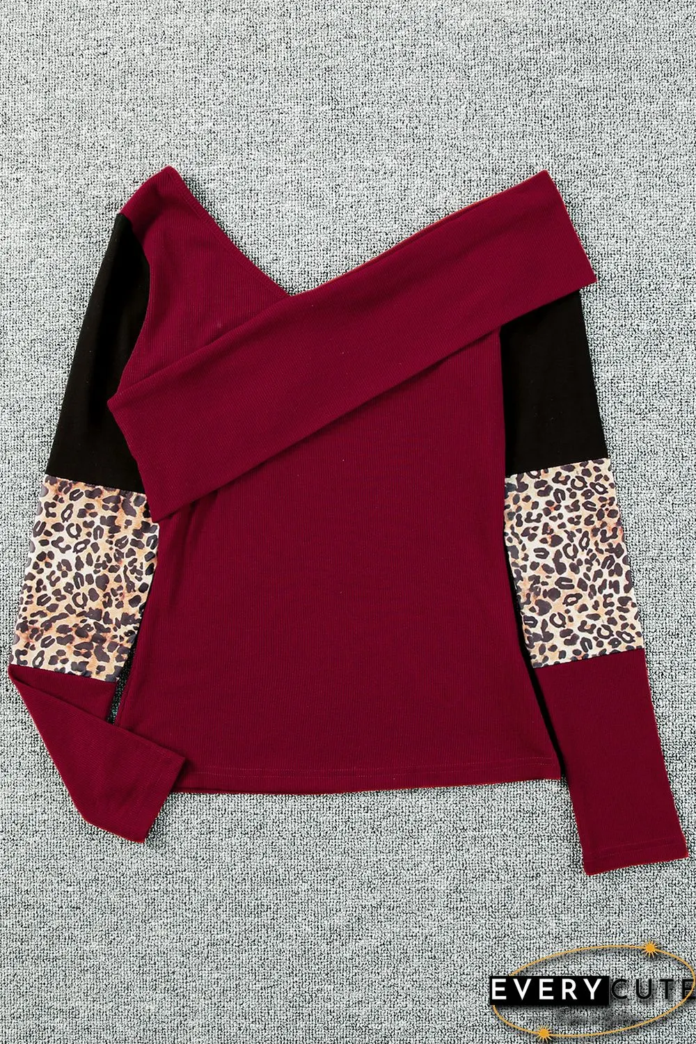 Red Leopard Color Block Ribbed Cross Wrap Top