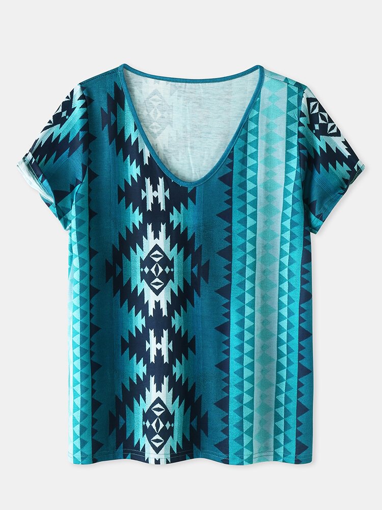 Short Sleeve Ethnic Pattern Geometric Print V neck T Shirt P1850278