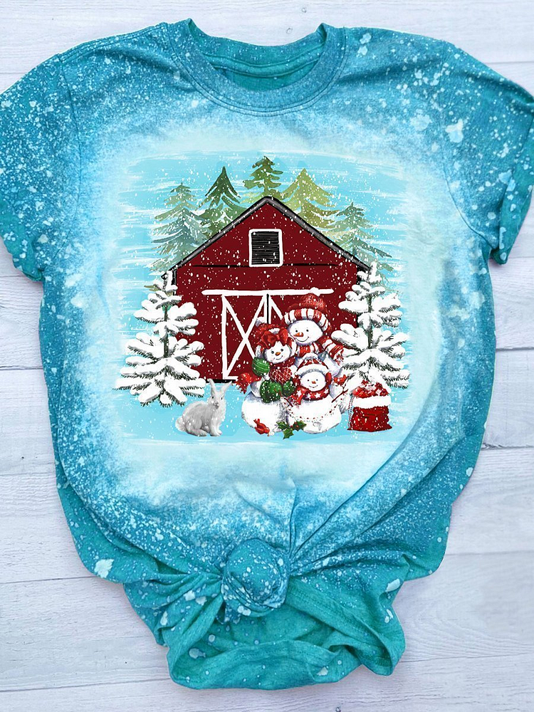 Christmas Tree Snowman Tie-Dye Print Short Sleeve T-shirt