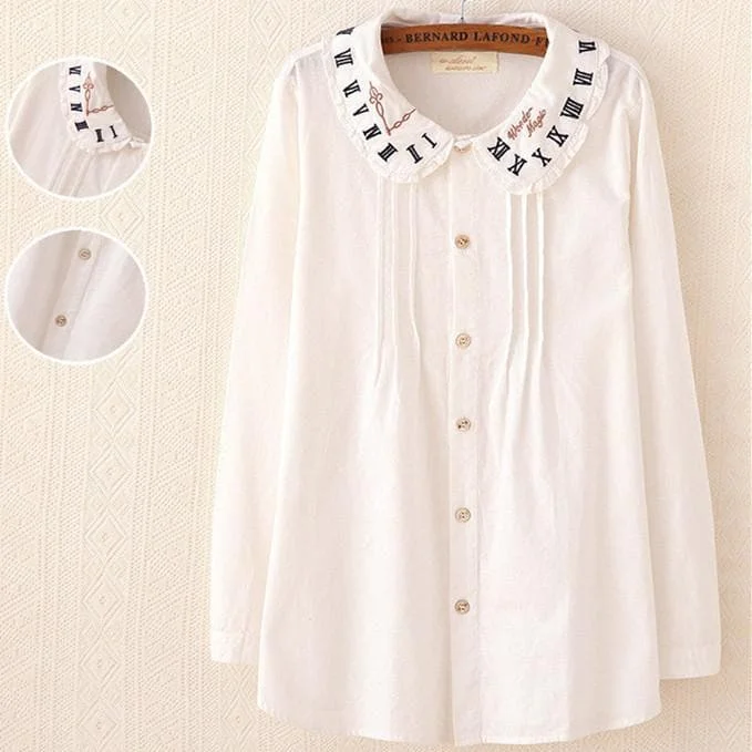 White Mori Girl Shirt With Clock Embroidery SP165108