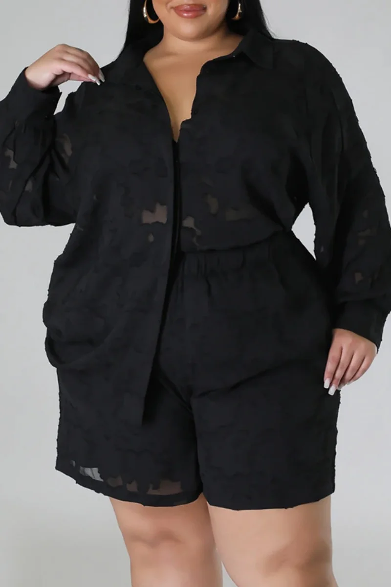 Black Casual Solid Patchwork Shirt Collar Plus Size Two Pieces