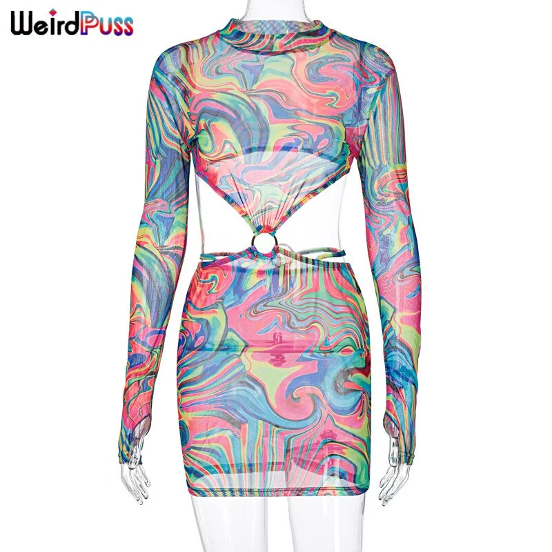 Weird Puss Colorful Print Women Hollow Out Backless Mini Party Dress Bandage Fashion Mesh Sexy Bodycon Skinny Clubwear Outfits