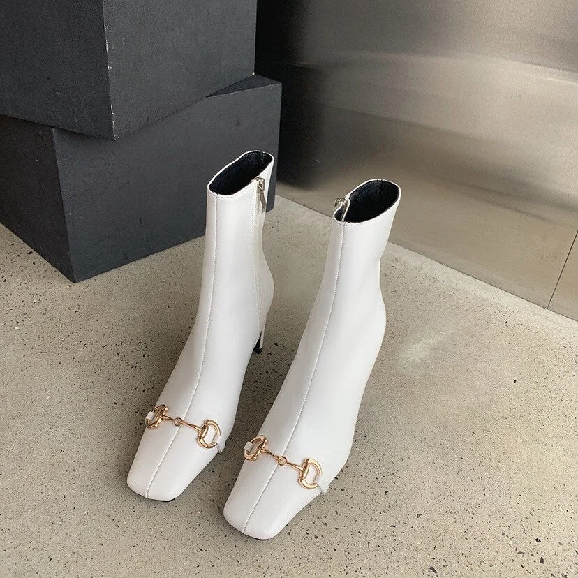 2021 Autumn Winter New Horsebit Square Head Women's Straight Boots Female South Short Boots Thick Heel High Heels Martin Boots