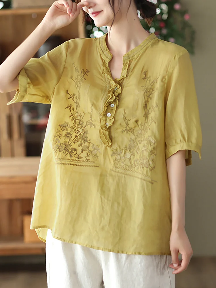 Embroidered Vintage Ramie Women Roomy Shirt