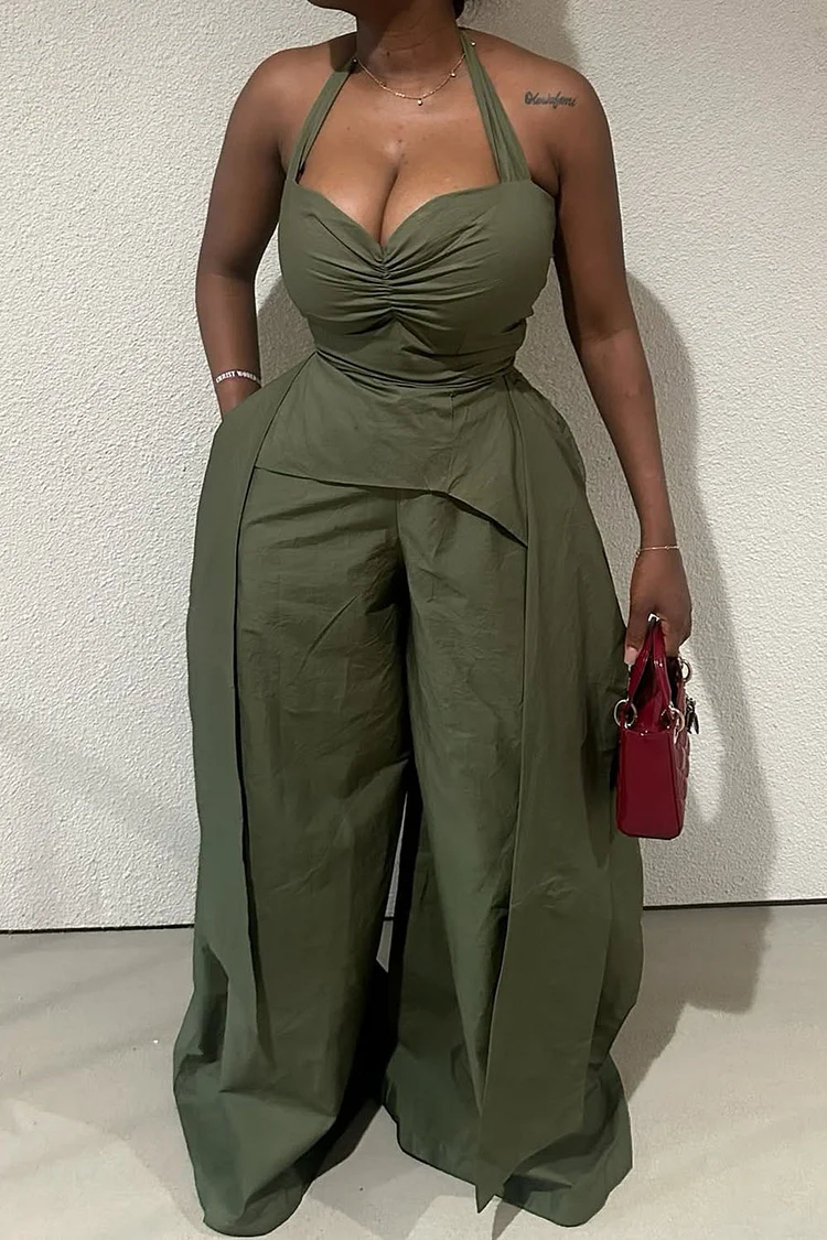 Ruched Sash Cinched Halter Top Wide Leg Pants 2pcs Set-Green