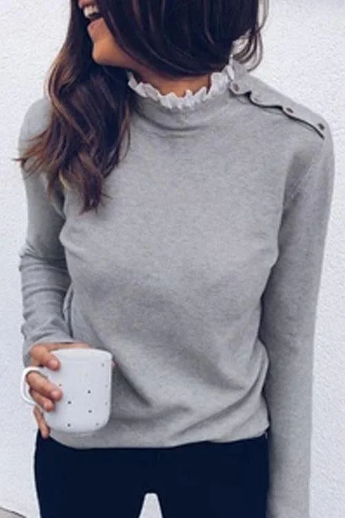 Shoulder Buckle Lace Neck Top