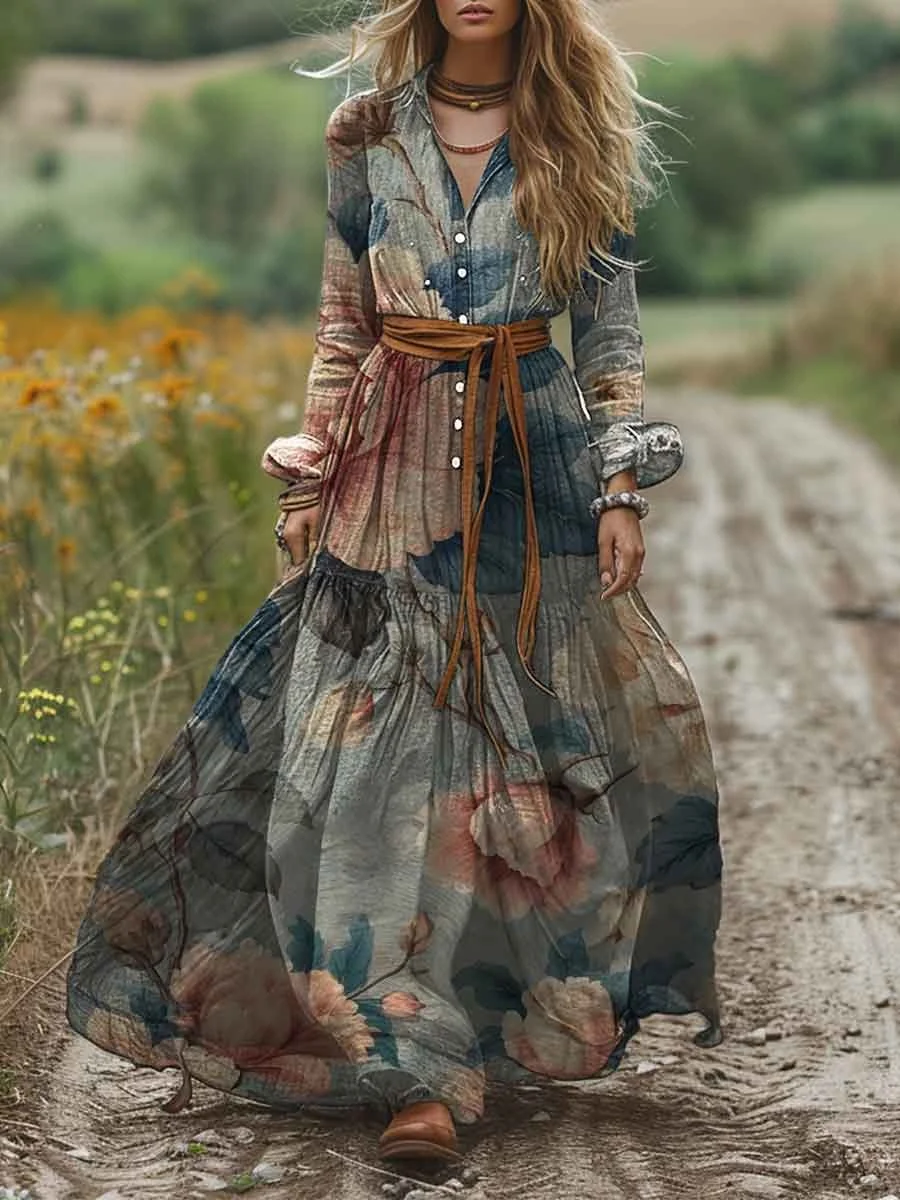 Women's Lapel Vintage Hazy Print Pocket Cotton A-Line Dress