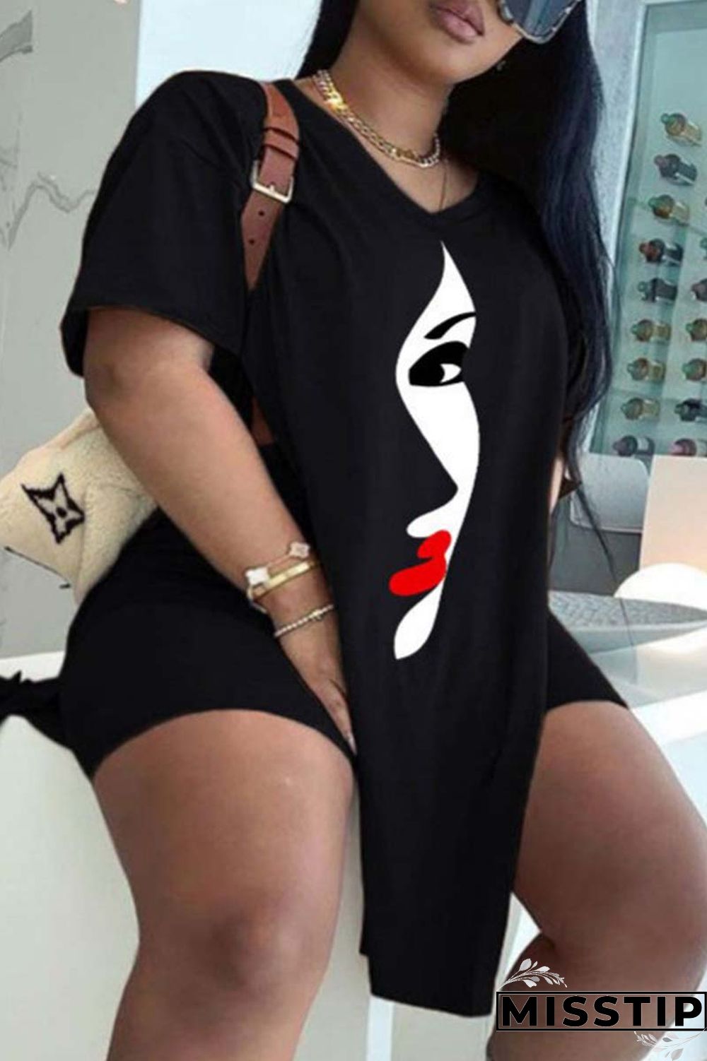 Black White Casual Print Patchwork V Neck Plus Size Two Pieces