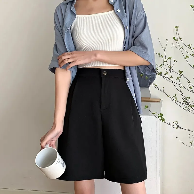 Jangj Style Summer New Fashion Solid Wide Leg Shorts Korean Style High Waist Loose Shorts Ice Silk Suit Shorts for Female