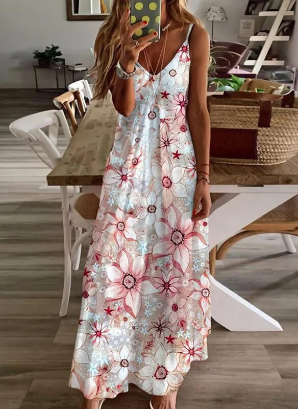Women Loose Sleeveless V-neck Floral Printed Maxi Dress