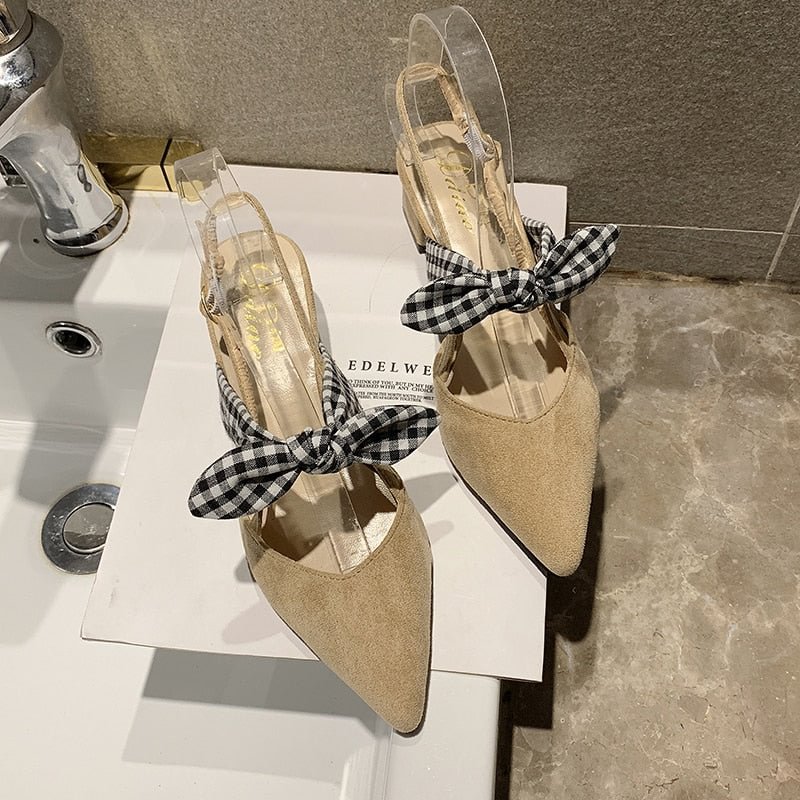 2021 Summer Ladies Sandals Women High Heels Baotou Suede High Heels Sexy Pointed Bows Wedding Party Brand Fashion Women's Shoes