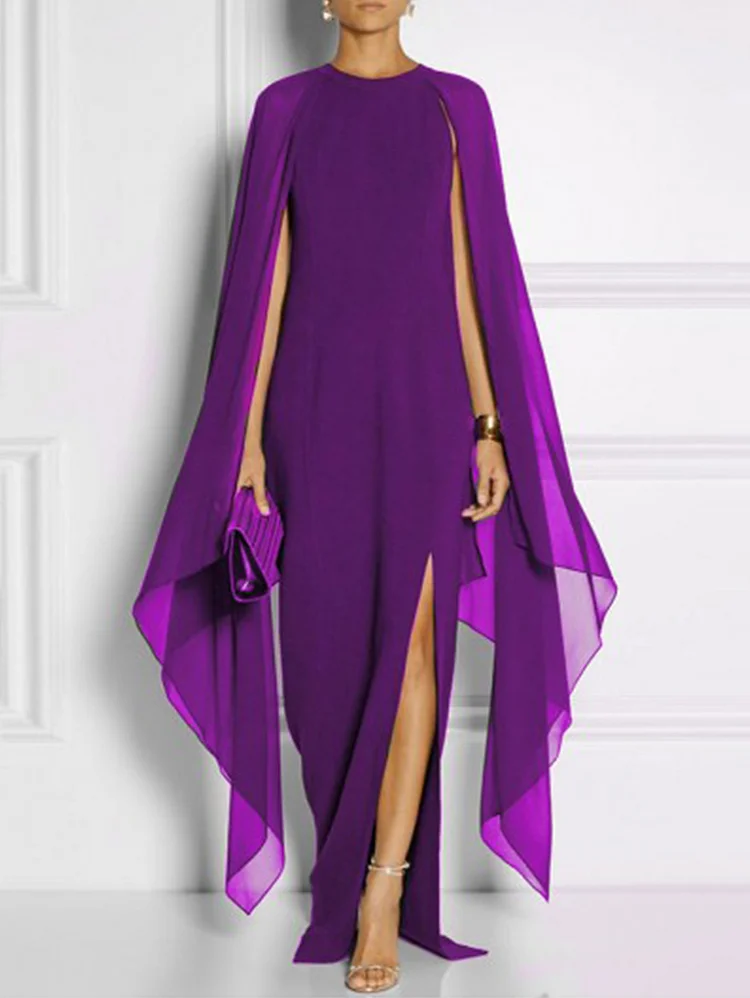 Elegant Thigh Split Hem Cloak Sleeve Maxi Dress