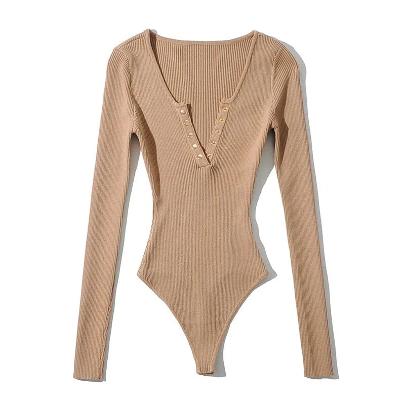 Aachoae Solid Knitted Bodycon Bodysuits Women Long Sleeve Home Jumpsuit Lady Sheath Sexy Body Suit Spring Combinaison Femme