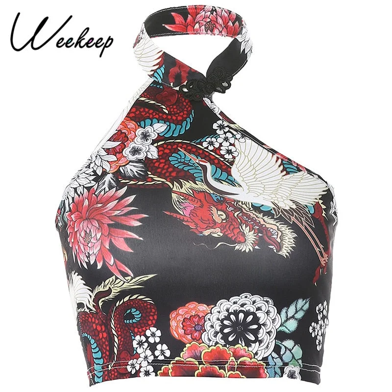 Weekeep Dragon Floral Print Chinese Style Irregular Halter Crop Top Women Strapless Tank Tops Backless Streetwear 90s Sexy Vests