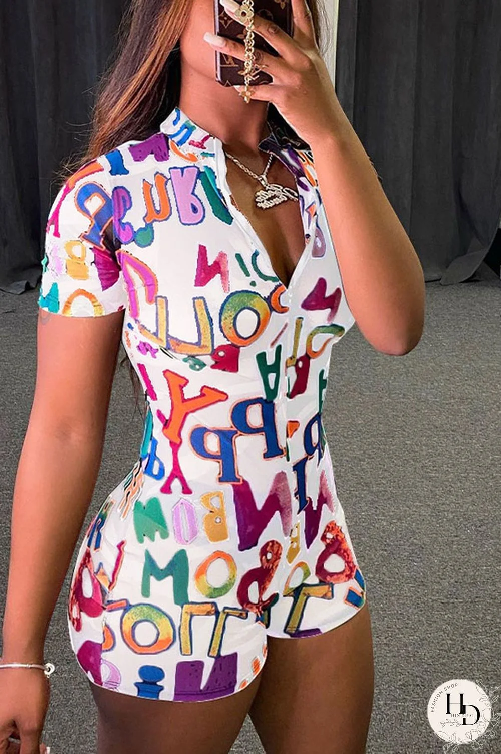 White Fashion Sexy Print Polyester Short Sleeve V Neck Jumpsuits